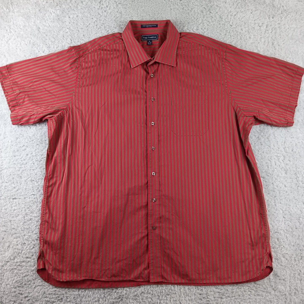 Paul Fredrick Button Down Men 19 36-37 Red Excellent Striped Short Sleeve Cotton